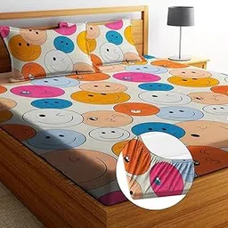 Home Pictures 320 TC Cotton Feel All Around Elastic Fitted Floral Bedsheets King Size, Premium Fitted Bedsheets King Size for Double Bed with 2 Pillow Covers, Size- 78" x 72" (Multicolor,Smily)-picture-16