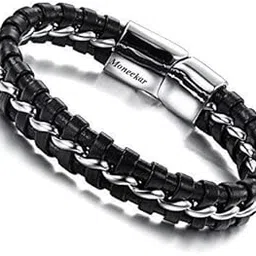 moneekar jewels Braided Leather Bracelets for Mens Bracelets Fashion Stainless Steel Magnetic Clasp-picture-46