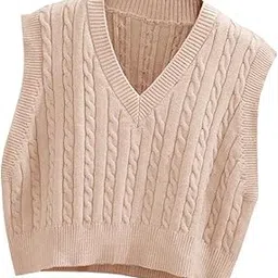 lailezou Women's V-Neck Knit Sweater Vest Solid Color Argyle Plaid Preppy Style Sleeveless Crop Knit Vest Khaki-picture-54
