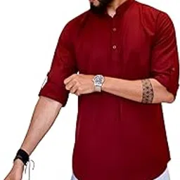 Men's Solid Cotton Blend Mandarin Collar Straight Kurta Shirt, Roll-Up Sleeves, Casual Short Kurta for Men (XS to L)-image-1