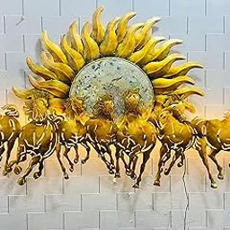 ToughCrafts - Metal Wall Art Décor, 7 Sun Horse Metal Wall Décor In Golden Color 42 Inch X 26 Inch with LED Light-picture-15