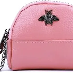 yocipa Small Bee Zipper Coin Purse Pouch Wallet Genuine Leather Change Purse Holder for Women with Keychain Ring, Pink, Fashionable and Cute-picture-29