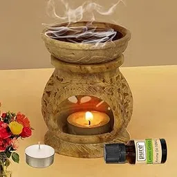 Pure Source India Handcrafted Soapstone Oil Diffuser with Floral Carving (Free 2 Tea Light Candles & 10 ml Lemon Grass Aroma Oil)-image-82