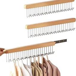 HASTHIP® 1 Pc Wooden Hanger for Clothes Hanging 12 Hook Adjustable Multi Sliding Wall Mounted Rack for Bra Belt Scarf Tie Hat No-Drill Right-Pull Style 41X8CM 3PCS image 1