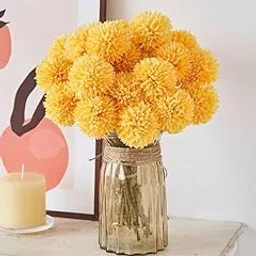 Chrysanthemum Artificial Flowers - Long Flower Sticks for Big Vase, Decorative Flowers for Vase, Ribbon Ball Design - Perfect for Home Decor, Weddings, and Events (6, Yellow)-image-40