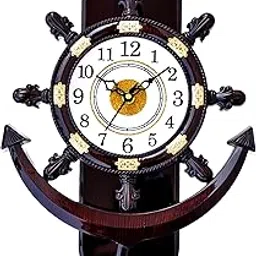 FLEXII Ubreakable Plastic Abstract Pendulum Analog Wall Clock (33 X 26 X 5 Cm, Brown) Dark Brown Wood Colour Frame with Gold Accents, Decorative Anchor Design, Classic Round Face-picture-20
