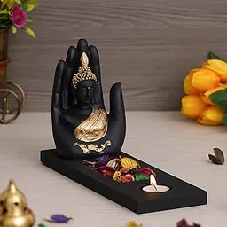 eCraftIndia Gold & Black Polyresin Palm Buddha Showpiece with Rectangle Wooden Base, Fragranced Petals & Tealight-picture-48