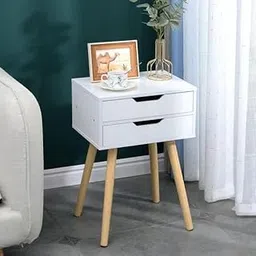 Nightstand Bedroom Beside Table Made of MDF+Wood, Night Stand with 2 Drawers end Table for Bedroom/Living Room/Salon/Office- (White)-image-61