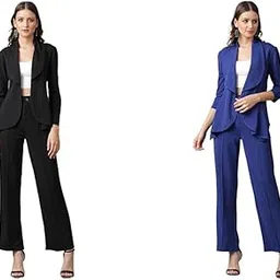 kotty Women's Solid Relaxed Fit 3/4 Sleeve Co-ord Blazer and Trouser Set. Coal Black Women's Solid Relaxed Fit 3/4 Sleeve Co-ord Blazer and Trouser Set. Royal Blue-picture-11