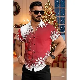 Men's Christmas Snowflake Button-UP Shirt, Red and White, Short Sleeve Casual Holiday-picture-26