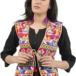Outerwear Ayam Exports Womens Multicolor Cotton Handmade Traditional Rajasthani Design front Embroidered Kutchi Work Jacket,Option3,Length: 19-20-image-17