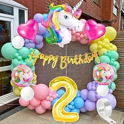 Flyloons Unicorn theme 2nd birthday decoration Kit for kids for 2 Year with Unicorn Foil Pink Heart Pink Purple Yellow Mint Orange Blue Pastel White Metallic Balloons Banner,70 pieces-picture-37
