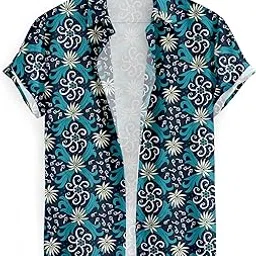 Floral Printed Short Sleeve Shirt, Navy Blue and Turquoise, Tropical Pattern with White Flowers-picture-30