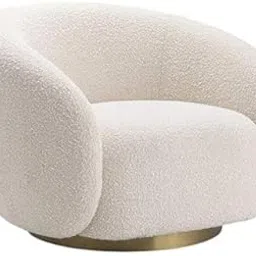 Sung Wood Art Modern Boucle Swivel Accent Chair – Comfy Barrel Lounge Chair with Curved Back & Gold Base – Upholstered Armchair for Living Room, Bedroom, or Office (Off White)-image-3