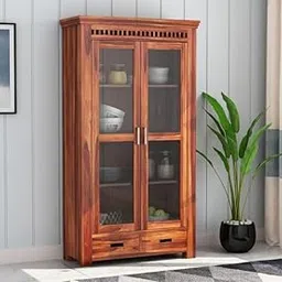 SHREE NATURAL Solid Sheesham Wood Multipurpose Kitchen Crockery Cabinet Display Rack with 2 Door and 2 Drawers for Living Room | Solid Wooden Bookcase for Home Office (Honey)-picture-18