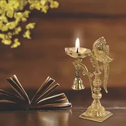 DEVDECOR Brass Peacock Decorative Diya with Traditional Bell Antique Deepak Design, Table Decor with Stand, Home Diwali Gift, Temple Pooja, Gold Colour (20X12.5X8cm) | 0.687 gram-image-20