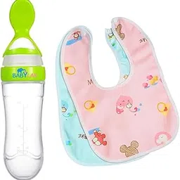 Baby Feeding Combo Waterproof Apron Bibs Set 2 with Soft Silicone Baby Food Feeder Spoon Bottle | BPA Free & FDA Approved 90ml Bottle | Solid & Semi-Liquid Food Feeder for Infants & Toddlers (Green)-picture-18
