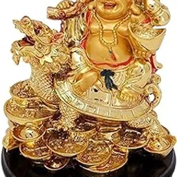 Resin Vastu Feng Shui Laughing Buddha On Dragon For Remove Bad Luck Vastu Feng Shui Items Laughing Buddha Gift (Design-7), Gold-image-25