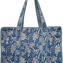 doraya Cotton Printed Tote Bag,Hand Bag Multicolor Quilted Hand Block Floral Printed Women's Carry Bag Shoulder Shopping Tote Bags 18x5.5x16 Inch-picture-23