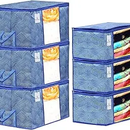 Kuber Industries Laheriya Printed Non Woven 3 Pieces Saree Cover and 3 Pieces Underbed Storage Bag, Cloth Organizer for Storage, Blanket Cover Combo Set (Blue) -CTKTC038684-picture-32
