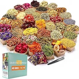 40 Bags Natural Dried Flowers Kit, Natural Dried Herbs with 2 Mesh Drawstring Bag for Soap,Candle,Resin Jewelry Making,Bath,Nail - Rose Petals,Rosebuds,Lilium,Jasmine,Don't Forget Me and More image 1
