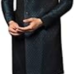 kisah Men's Indo-Western Sherwani Trouser Set, Navy Blue Cotton, Jacquard Regular Fit Mandarin Collar Long Sleeves-picture-2
