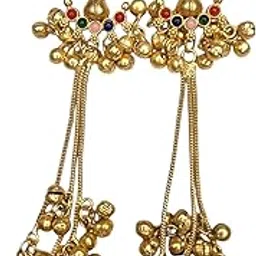 sajobhi Kashmiri Peacock Jhumka Earrings, Golden with Ghungroo Bells, Multi-Coloured Stone Embellishments, Long Chain Danglers-picture-42
