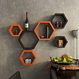 Amaze Shoppee Decorative Wooden Hexagon Shape Wall Shelf with 6 Shelves (Brown & Orange)-picture-46