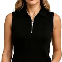 black velour Women’s Ribbed Sleeveless Polo Top | Half Zip Collared Knit Top for Summer & Casual Outfits-picture-29
