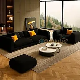 Antique Wood Hub - Modern Classical 3-Seater Velvet Sofa Set with Ottoman, Sofa Set 3+1+Ottoman Design Versatile Sofa Round Arm Design Sofa for Living Room, Bedroom, Hallways (Black)-image-2