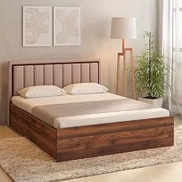 MAMTA DECORATION Engineered Wood Eloa Queen Size Bed with Box Storage Upholstered Headboard Wooden Bed for Bedroom Living Room Home (Columbia Walnut Finish)-picture-11