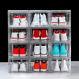 12 Pack Shoe Boxes, Clear Acrylic Plastic Shoe Boxes Stackable, Space-Saving Foldable Drop Front Shoe Storage Boxes Container for With Lids Fits Up to Size 14 (Transparency)-picture-30