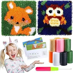 Amylove 2 Pack Latch Hook Kits for Kids Fox Owl Craft Rug Sewing Set with Colorful Yarn Bundles Color-Coded Canvas DIY Bedroom Home Decoration Gift for Girls Beginners-image-52