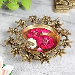 Two Moustaches Traditional Flowers Bird and Butterfly Style Brass Urli Bowl, Brass Urli Bowl for Home Decor, Brass Urli Pot, Urli Decoration Bowl, Standard, Pack of 1-image-62