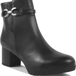 shuz touch Women Black Block Heel Buckle Detail Boots-picture-10