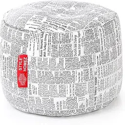 Style Homez Round Cotton Canvas Newspaper Printed Bean Bag Ottoman Stool Large with Beans, White Black Color-picture-16