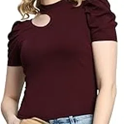 IUGA Women's & Girls' Solid Ribbed High Neck Stand Collar Short Sleeve Slim Fit Cut Out Tank Tops-image-5