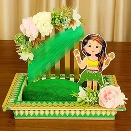 SATYAM KRAFT 1 Pcs Mehndi Rectangular Handcrafted Platter Thali,Decorative Wedding Mehendi Plate for Bride,Bridesmaid,Dulhan,Handmade Tray for Shaadi,Haldi (Green)-image-85