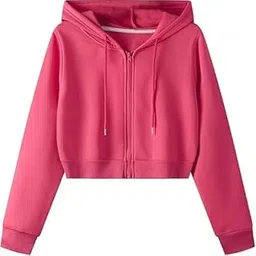 Casual Wear Solid Long Sleeve Drawstring Full Zip Hooded Jacket Crop Sweatshirt for Women's-image-59