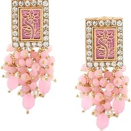zaveri pearls Pink Ethnic Dazzling Austrian Diamonds & Clustered Beads Yellow Gold Drop Earring For Women-ZPFK15221-picture-28