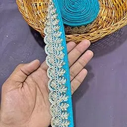 Raw Silk Fancy Lace Border with Sequin Coding Work | Decorative Red Lace Trim for Sarees, Dresses, and Crafts | 9 Meters Pack | (Dark Sky Blue)-image-0