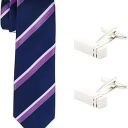 the tie hub Navy Blue with Purple Stripe Microfiber Microfiber Necktie with Cufflinks Combo Set for Men-picture-10