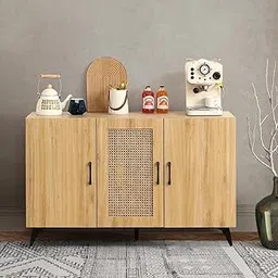 ND INTERNATIONAL Modern Rattan Cane Sideboard with 3 Doors Solid Wood with Black Metal Legs, Accent Storage Sideboard for Dining Room, Living Room Natural Finish-picture-30