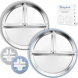 Bakpoco Stainless Steel Toddler Plate with Suction, 9” Divided Plates with Removable Silicone Sleeves for Kids, Non Toxic & BPA Free | Non Slip | Unbreakable Baby Snack Dishes Set of 2, Blue & Gray-image-11