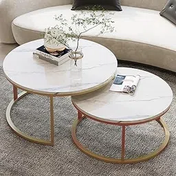 The Flourish Two Contemporary Nesting Coffee Tables with a Round Accent Table, Wood top, and Gold Metal Frame for The Living Room, Office, or Balcony (White Gold)-picture-17