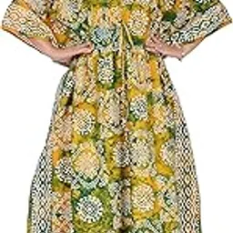 thekaftanshop Women Cotton Hand Dyed Batik Kaftan Nighty with Drawstring Waist | V-Neck Printed Free Size Relaxed Fit Casual Sleepwear Loungewear Nightwear Kaftan Dress for Gift (Green Yellow Block)-picture-32