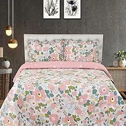 BREVARD Luxury & Premium Glace Cotton Flower Design Printed Bed Cover Frill Border - 2 Pillow Covers All Season Ultrasonic Lightweight Bedspreads/Bed Cover(Queen Size - 90x100 Inches, Peach Cream)-image-99