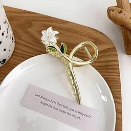 Giggles Boo | Pack of 1 Elegant Flower Metal Hair Clutcher for Women with White Flower | Premium and cute Design | For Everyday uses for women and girls Gold, 11 cm-picture-49