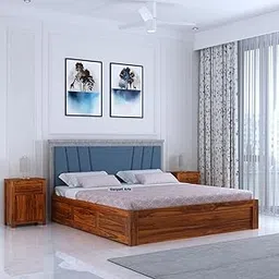 Ganpati Arts Solid Sheesham Wood Emporio Queen Size Bed with Box Storage and Upholstered Headboard Wooden Double Bed Cot Palang Furniture for Bedroom Living Room Home (Natural Finish)-picture-11