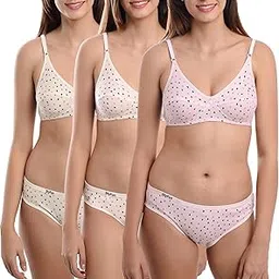 Cotton Bra Panty Set for Women, Non-Padded, Non-Wired, Seamed, Comfy Print, Fullcoverage, Combo Lingerie Set, Multi-Color, Cup-B-image-18
